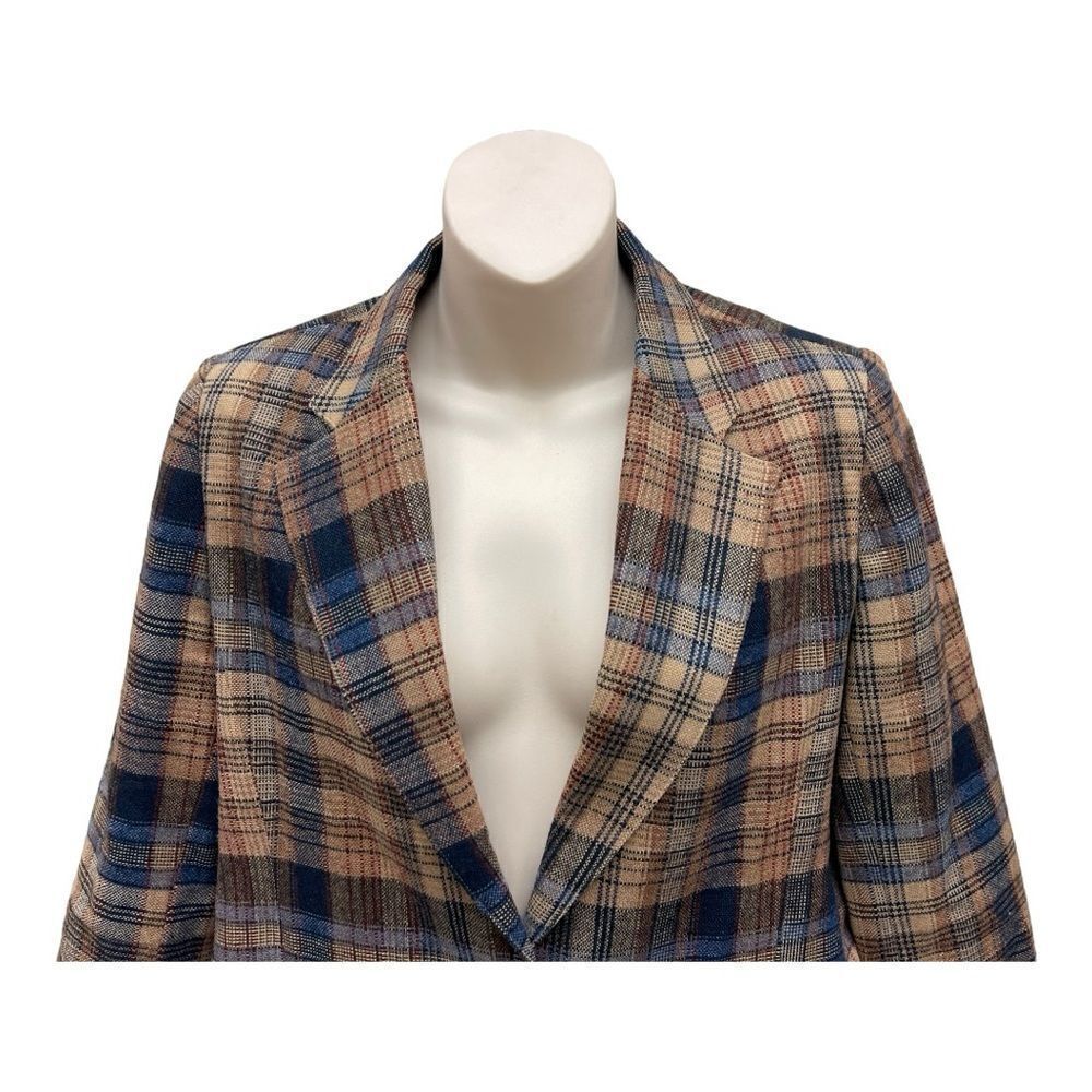 Vintage Jantzen Tan Blue Plaid  Tweed Blazer Sz 12 Lined Classic Preppy Academia - Picture 2 of 8